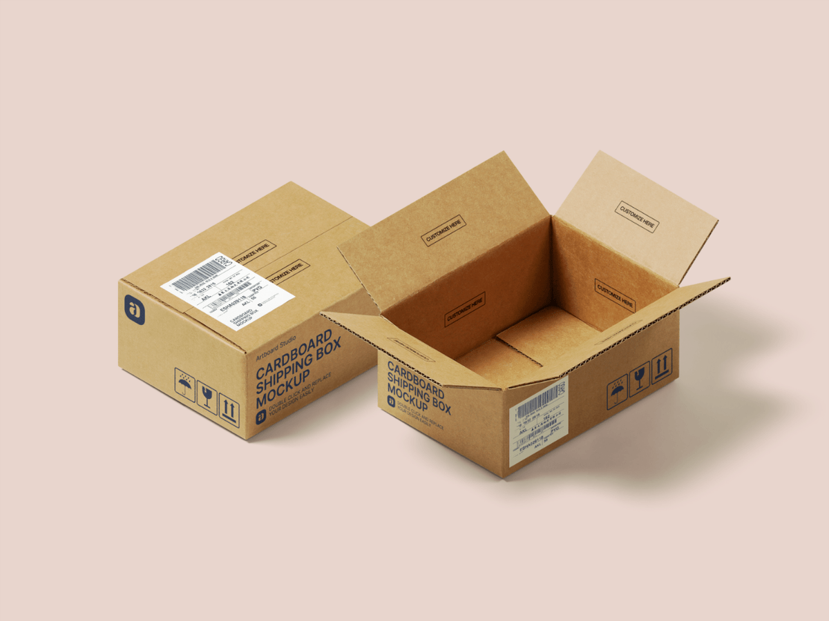 Amazing free cardboard box mockup for presenting your packaging and merchandising designs with ease. Cardboard Shipping Box Mockup Scene