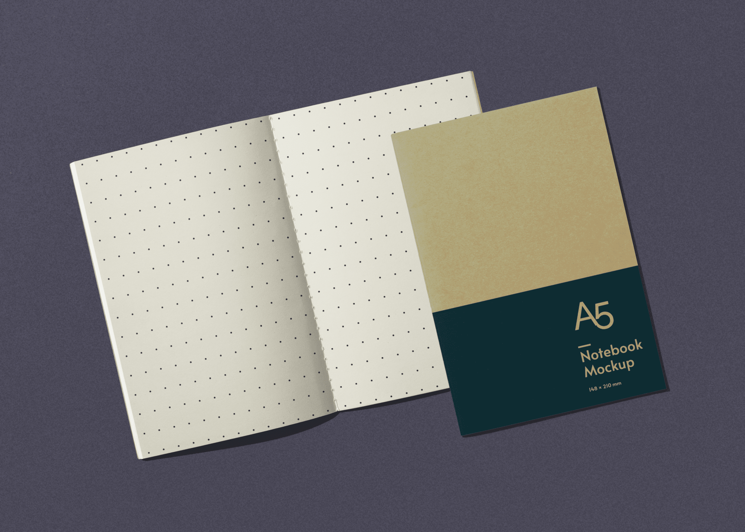 Mockup of a classic notebook that will help you showcase your drawings, sketches or typography pieces in a photorealistic . A5 Notebook Mockup Scene
